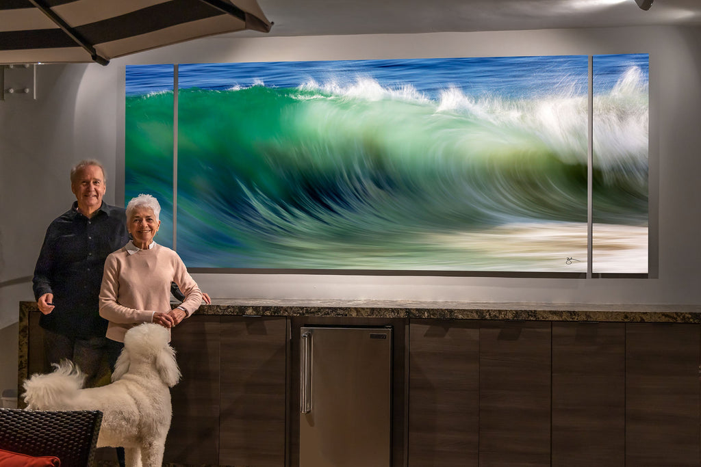 The artist with fine art collector, Jennifer Yelland with Watercolor Wall in custom three panel triptych at 10 ft. x 5 ft. in Laguna Beach.