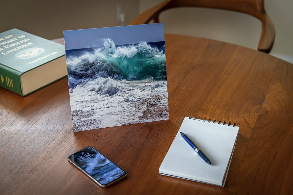 Our first ever metal canvas made for the desk in your office or any other surface in your home.  Watch the drama of the Pacific Ocean at play after the Sea Gem wave fell upon the sand. 