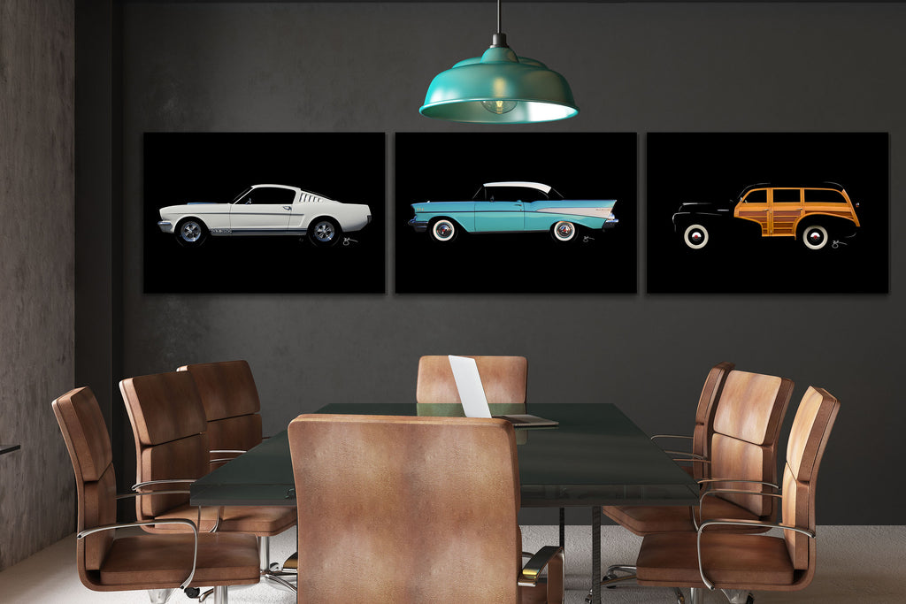 Pony fine art, featuring a 1965 Ford Mustang Shelby GT350 in profile on metal canvas.  Only 521 production models were built before August 1965.