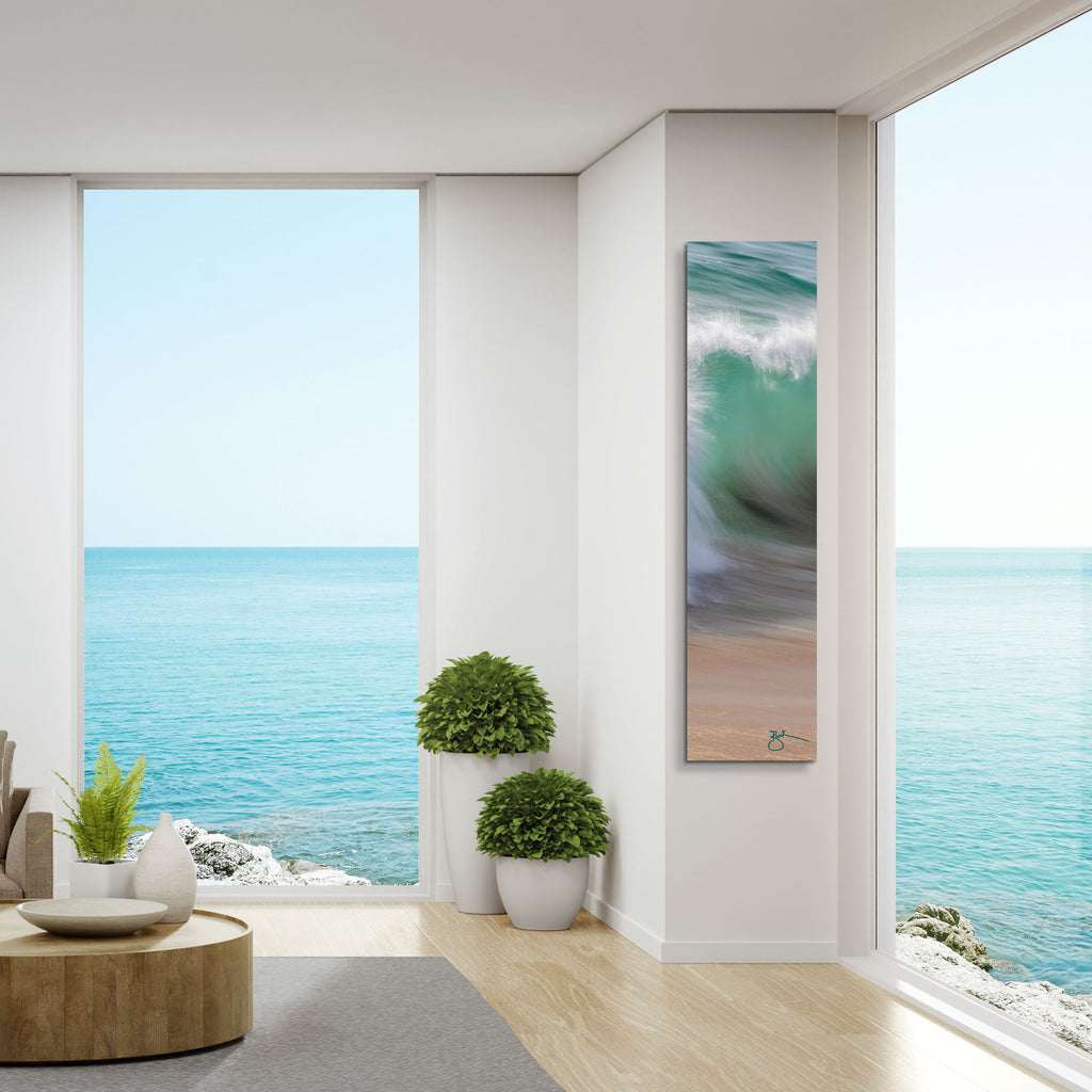 Essence of AquaFlow fine art is our first vertical show-stopper from the popular Essence Wave Collection. Tall, narrow walls support this work well, delivering an artistic slice of rushing surf on the shores of Laguna Beach.