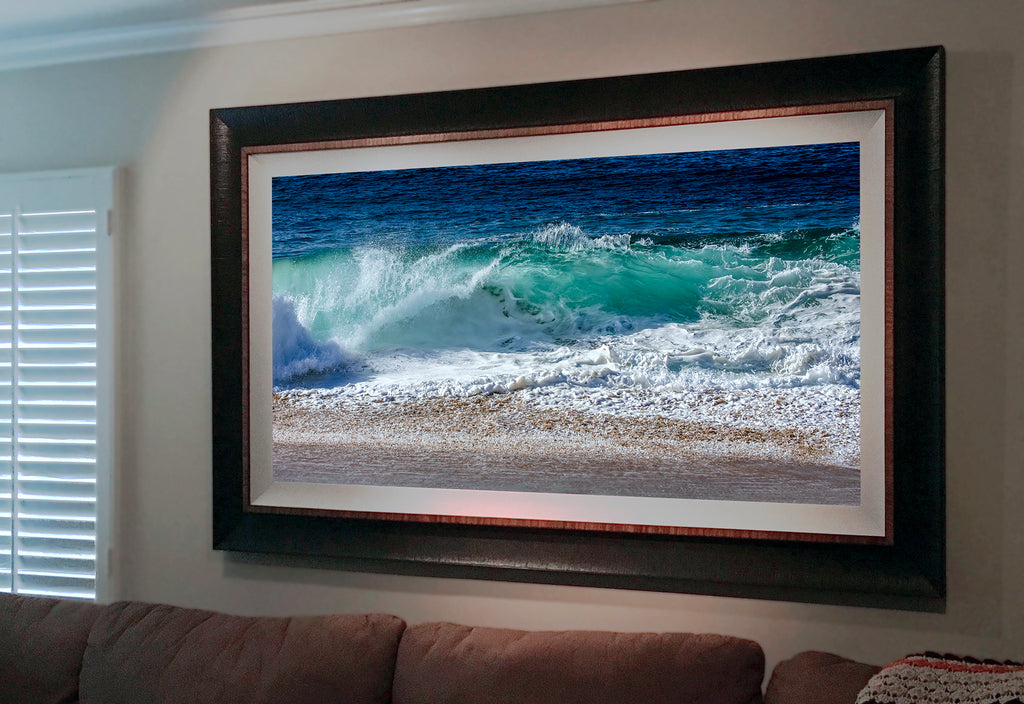 On the wall in San Diego, one of our most popular pieces of Pacific Ocean fine art. Looking toward the jetty at The Wedge in Newport Beach is a place local surfers know as Cylinders. Here it is in all its surf-worthy glory. 