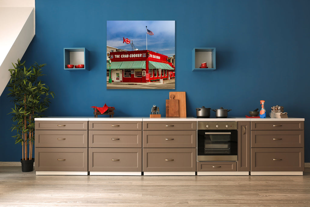 A square aspect ratio, Crab Cooker Corner is available in sizes up to 4 ft. x 4 ft. with  HD clarity and unmatched color on the highest-quality aluminum canvas available.  