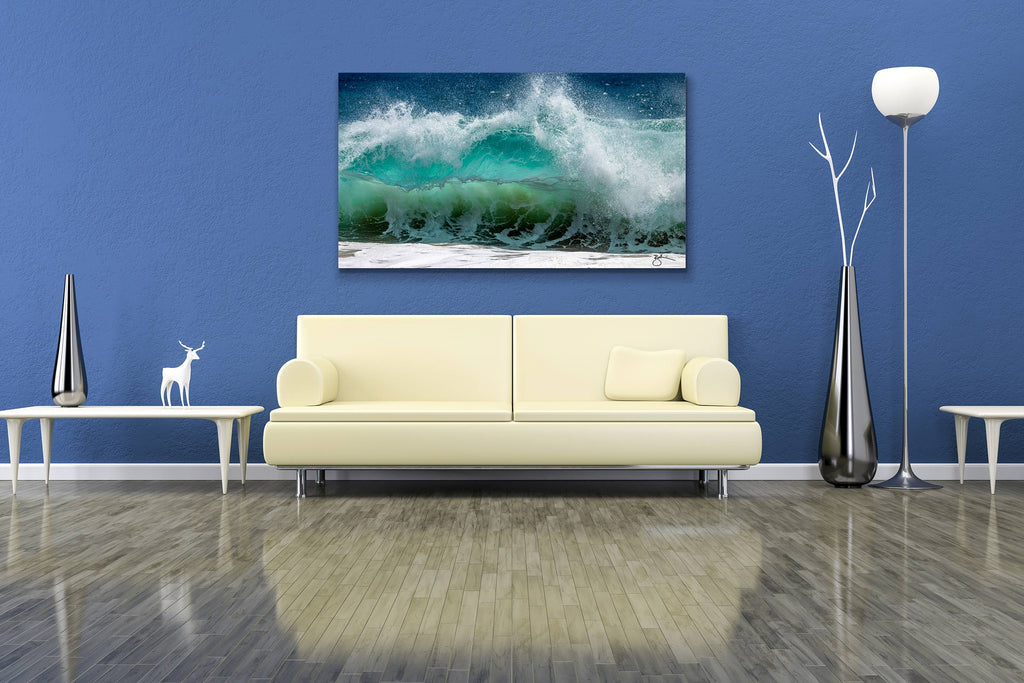 This wave is beautifully balanced by the earthy, olive, sea floor being drawn-up into the sandy backwash. The momentum of the sea reaching up toward the translucent aquamarine mid-tones carry the eye up to the fascination of salty spray atop, and finally framed with the deep blue sea beyond.  Sea Gem 16:9 is an attention-grabber, available in sizes up to 8 ft. with stunning clarity and unmatched depth of color – always on the highest-quality, fine art aluminum canvas.  