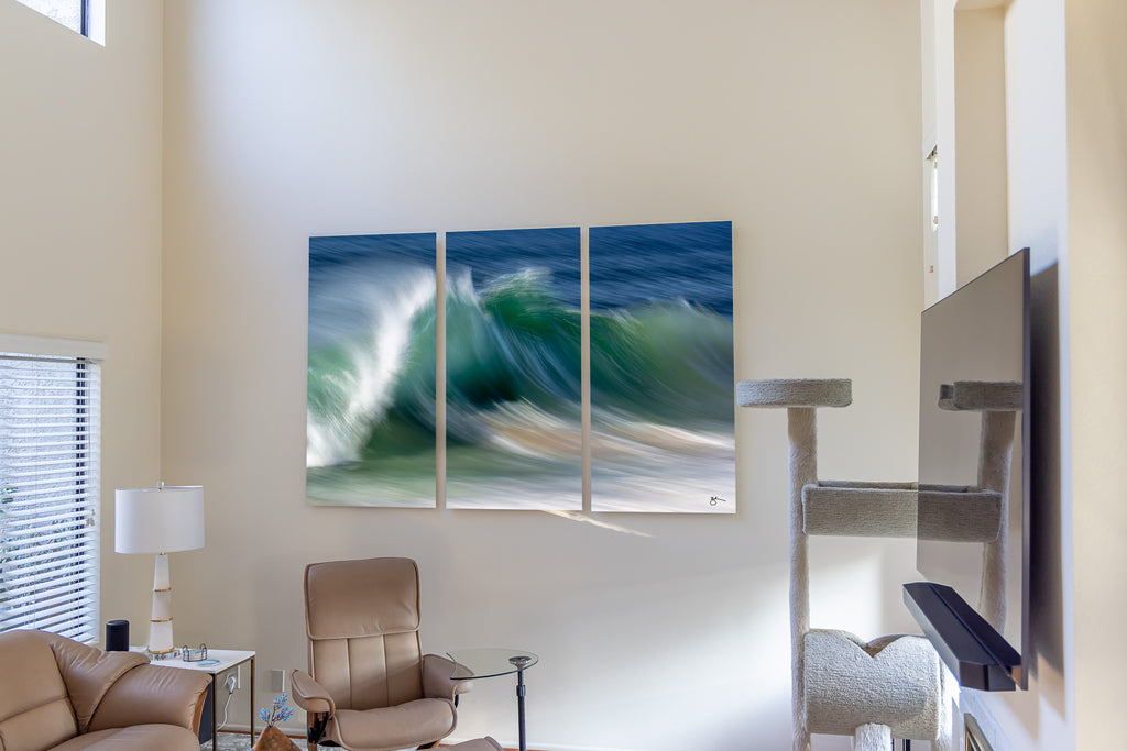 7 ft Triptych Coastal Wave Fine Art on the wall in Irvine, CA