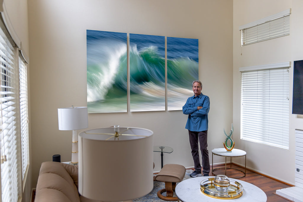 Breck Rothage with his creation - 7 ft Triptych Coastal Wave Fine Art on the wall in Irvine, CA