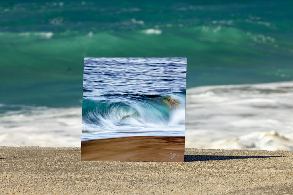 Original Smooth Roll Blues Fine Art by Breck Rothage infused to high-grade, fine art metal canvas sizes 10 in x 10 in., with a kickstand prop on the back for tabletop display.