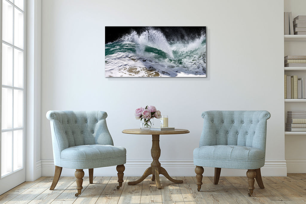 Part of The Silvertone Fine Art Collection, Wings Over Water uses Breck's unique Silvertone technique to highlight the incredible natural colors served-up by nature with every turn of the tide at Laguna Beach. 