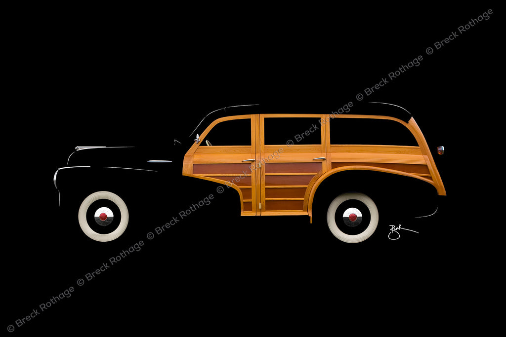 Woody automotive fine art, featuring the Pontiac woody station wagon from 1948. These unique wagons were the classic postwar “Woody” Pontiacs and the Streamliner wagon remains a true collectible with vehicles sold by exclusive auction houses like Sotheby's. In 1948, deluxe models featured spear moldings on front fenders, had bright gravel guards and chrome-plated wheel discs.  With fine art infused to a metal canvas, Woody fine artwork appears smoother and more refined than works under glass or acrylic.