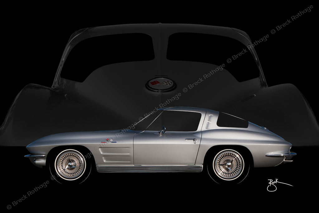 1963 Chevrolet Corvette Sting Ray Automotive Fine Art explores the profile of this American sport coup in Sebring Silver, silhouetted with the legendary rear split-window on metal canvas.