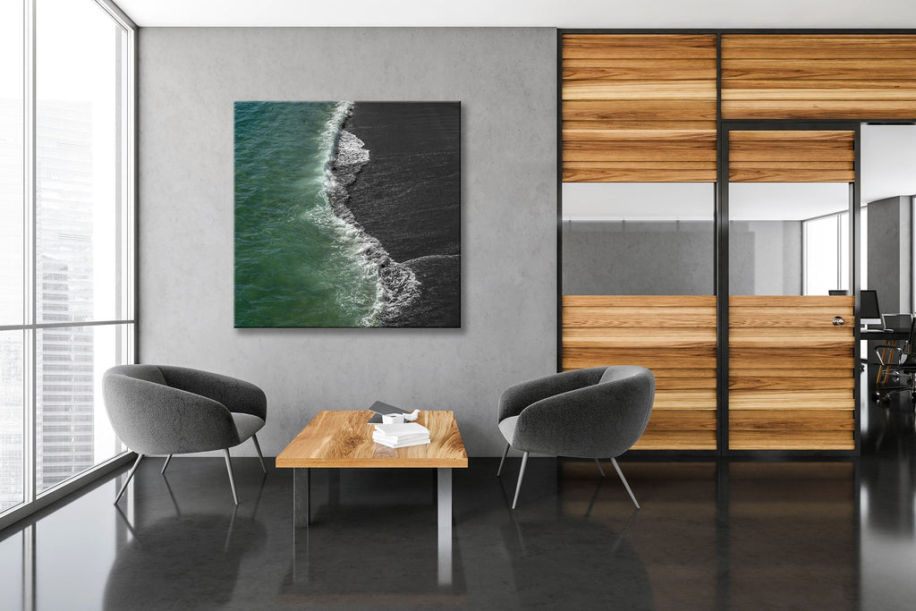 Simple Pleasures SQ Silvertone large ocean fine art shown in a 4 ft. x 4 ft. This square presentation, 4 foot fine art is infused to a high-grade aluminum canvas.