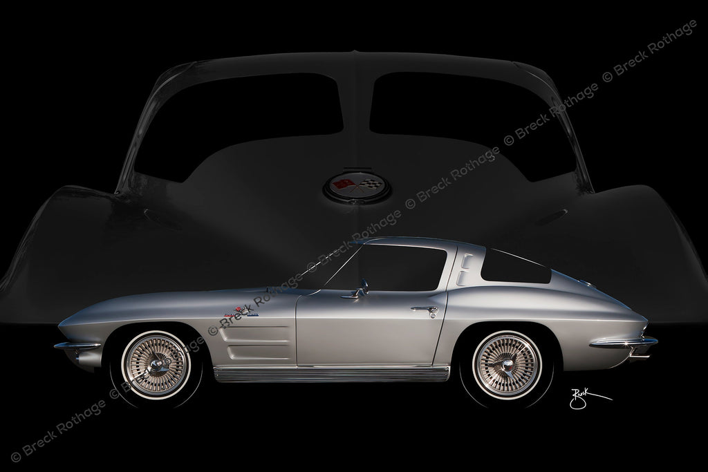'63 Vette Split-Window – 1963 Chevrolet Corvette Sting Ray Automotive Fine Art explores the profile of this American sport coup in Sebring Silver, silhouetted with the legendary rear split-window on metal canvas. 