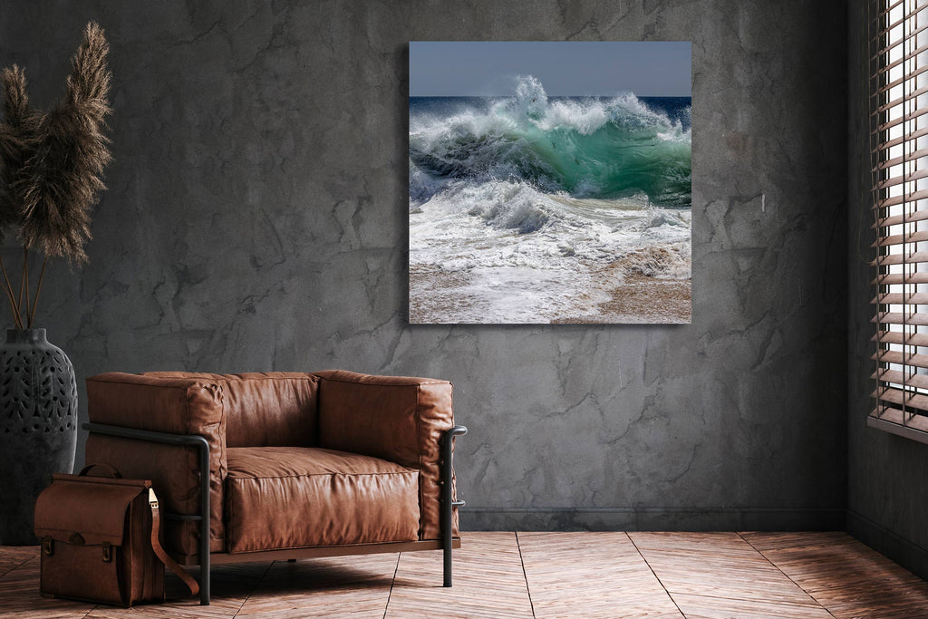 A square aspect ratio, Aftermath wave fine art is available in metal canvas sizes up to 6 ft. x 6 ft. – where this dashing wave will hold court on walls with HD clarity, smoothness and unmatched richness of color on the highest-quality, fine art aluminum canvas available.  