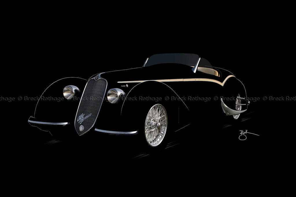 Alfa Essence Touring fine art on metal canvas - 1938 Alfa Romeo 8C 2900B Superleggera Spyder Automotive Fine Art — One of only four short wheelbase roadsters made. The fastest production road car of it's day. This fine automobile would sell for nearly 20 million dollars in today's classic car market. 