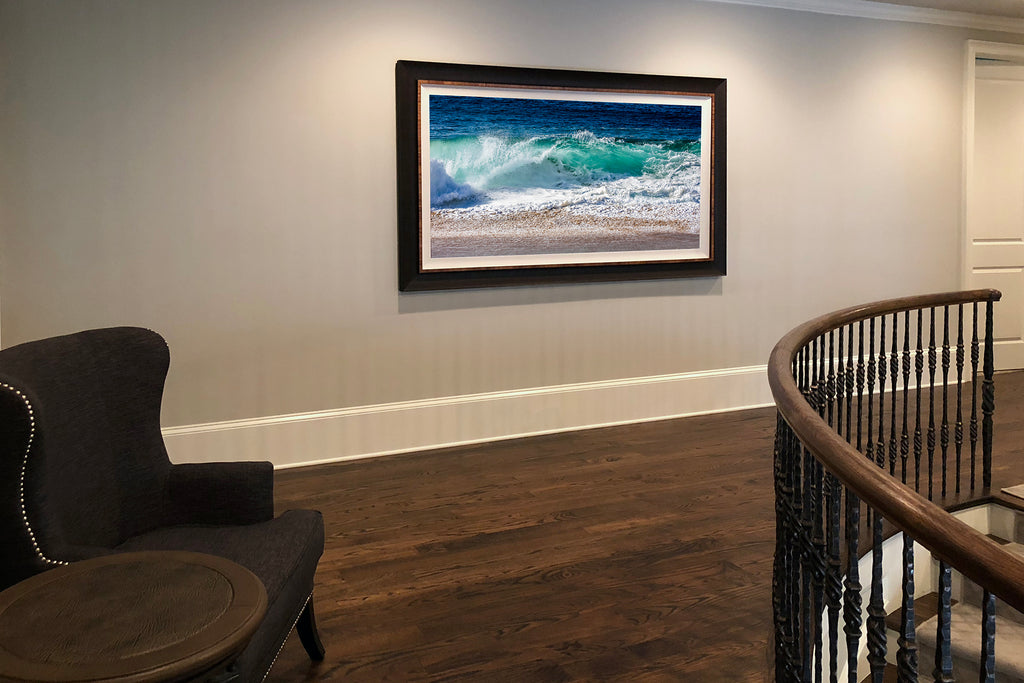 On the wall in Atlanta, one of our most popular pieces of Pacific Ocean fine art. Looking toward the jetty at The Wedge in Newport Beach is a place local surfers know as Cylinders. Here it is in all its surf-worthy glory. 