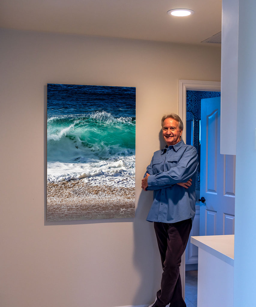 The artist, Breck Rothage with Breck's Wave Center Cut Fine Art on the wall in Coto De Caza - California - Coastal Fine Art from Laguna Beach