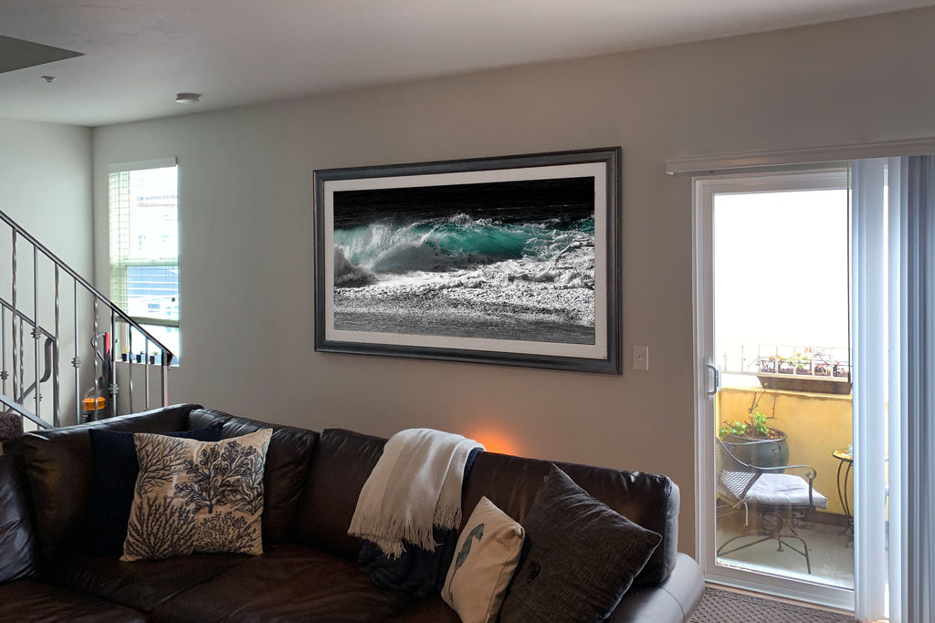 Breck's Wave Silvertone on the wall in San Diego, CA at 60 in. x 30 in., framed aluminum canvas.