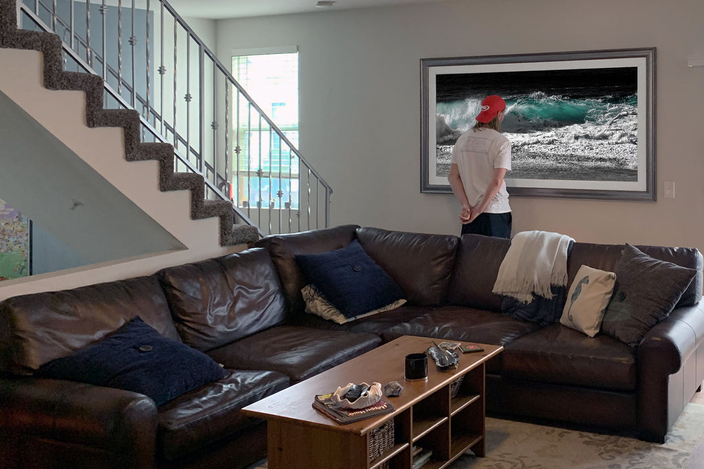 Breck's Wave Silvertone on the wall in San Diego, CA at 60 in. x 30 in., framed aluminum canvas.