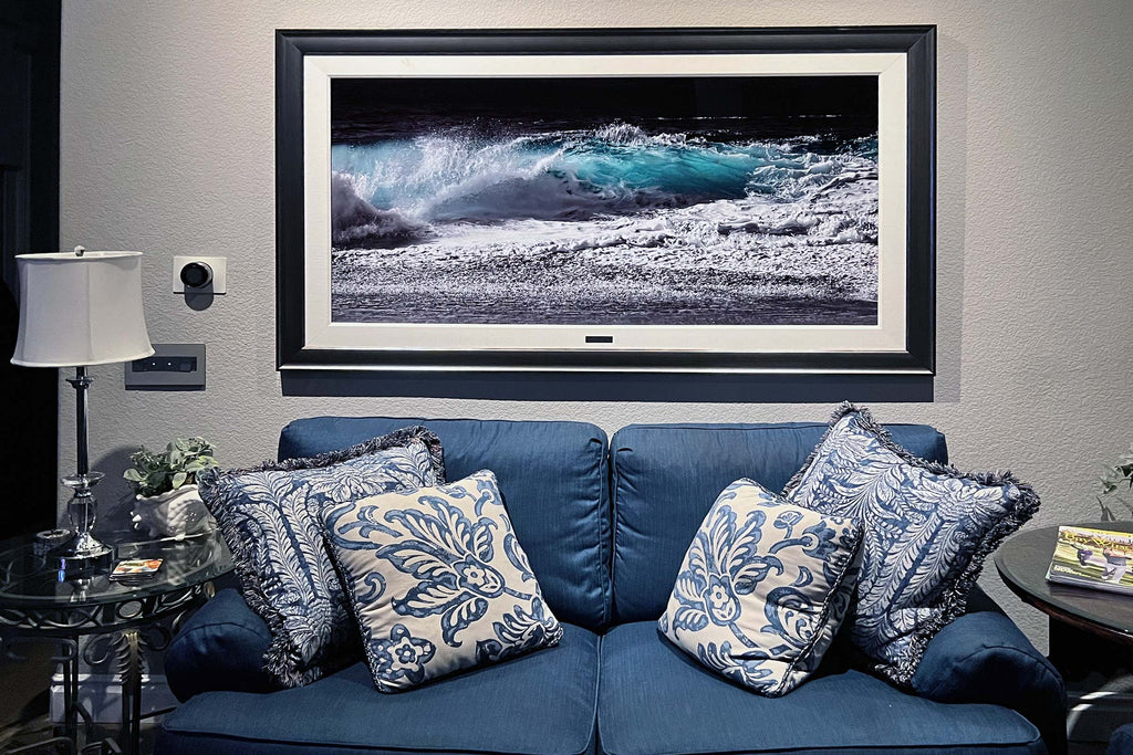 Breck's Wave Silvertone on the wall in Carona Del Mar, CA at 60 in. x 30 in., framed aluminum canvas.