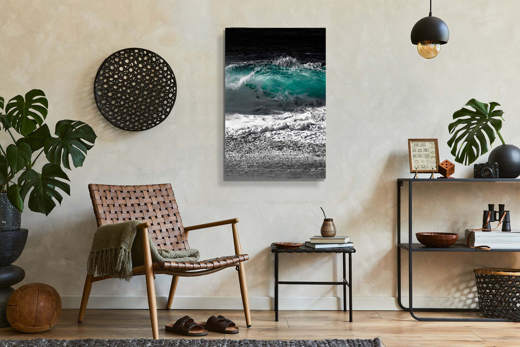 Breck's Wave Silvertone Center Cut takes the most luscious elements of Breck's Wave Silvertone so even those with a narrow wall space can enjoy the motion and turquoise light within this special coastal fine art piece.
