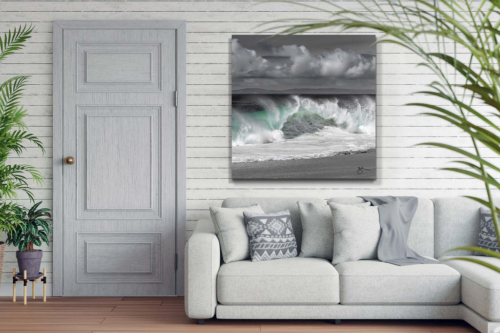 The romance of Catalina Clouds fine art playfully tosses spray under a graceful sky above the Laguna Beach shore as the Pacific Ocean reaches across to Catalina Island. A square aspect ratio, Catalina Clouds is available up to 4 ft. square on fine art metal canvas. Captivating in coastal homes and corporate settings.