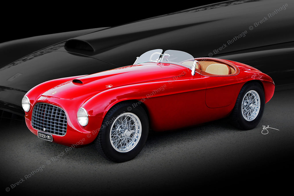 Little Boat fine art, featuring a 1949 Ferrari 166 MM Barchetta that put the Italian automaker on the map. In 1949 two Ferrari 166 MM Barchettas scored a 1-2 at the Mille Miglia endurance race. It went on to win Le Mans 24 Hours, then the Spa 24 Hours. Ferrari only made thirty-three and each is as historically significant as it is an excellent, Italian machine.   With fine art infused to a metal canvas, the artwork appears smoother and more refined than works under glass or acrylic.