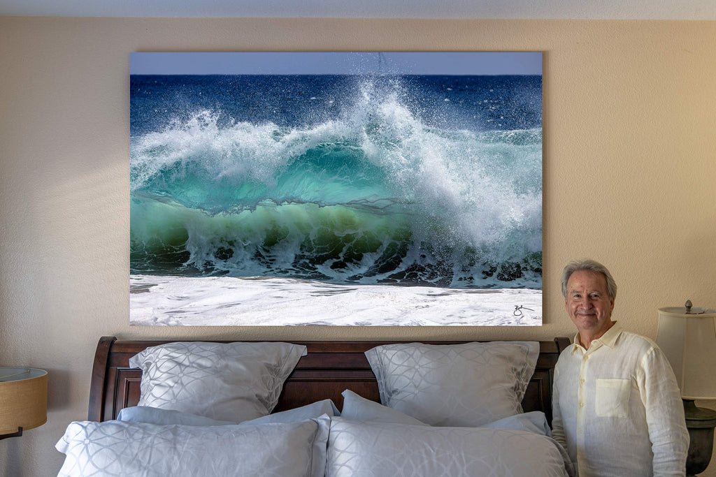 Artist, Breck Rothage with Sea Gem Fine Art on the wall in Dana Point, CA - 6 ft. aluminum metal canvas.