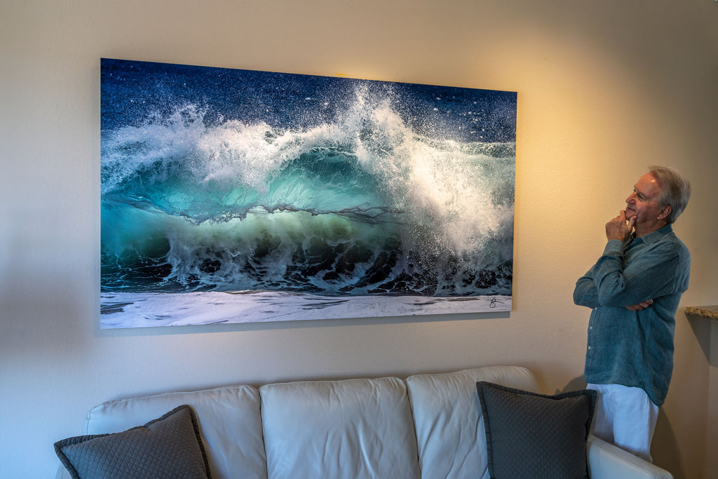 Sea Gem 16:9 at 6 ft. x 40.5 in., on the wall in Irvine, CA with the artist, Breck Rothage