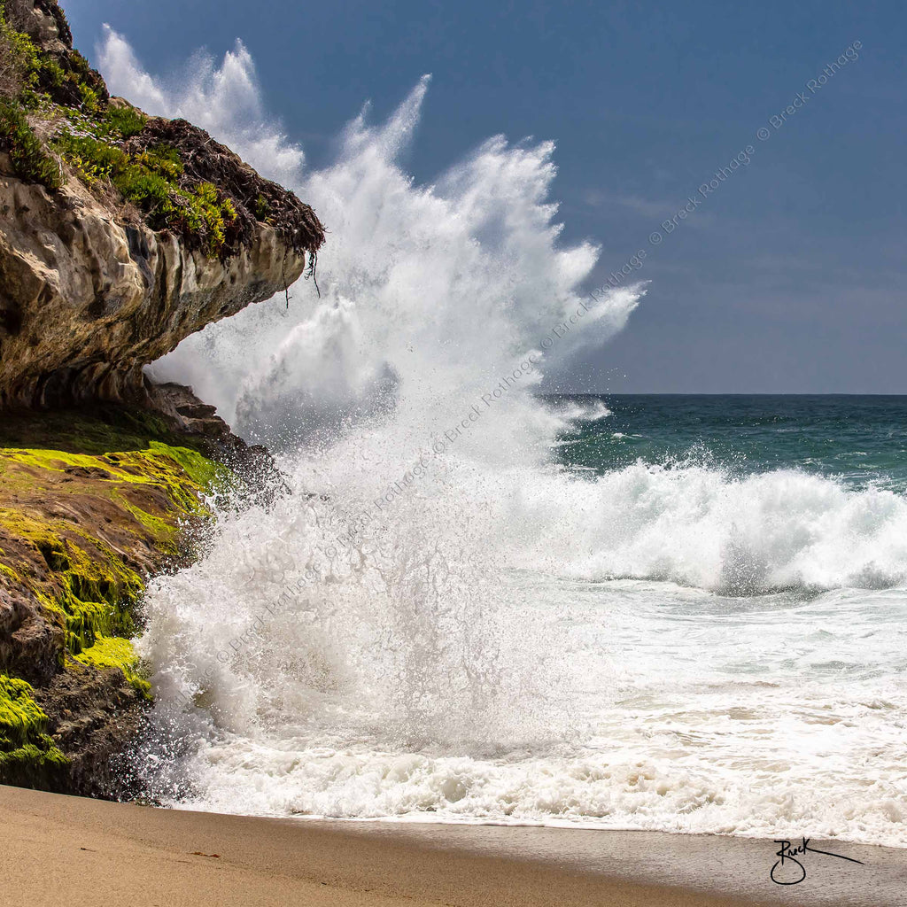 SEASHORE EXPLOSION FINE ART COASTAL: A crash of ocean spray is rocketed in every direction as the power of the Pacific meets a cliff of sea-worn rock.