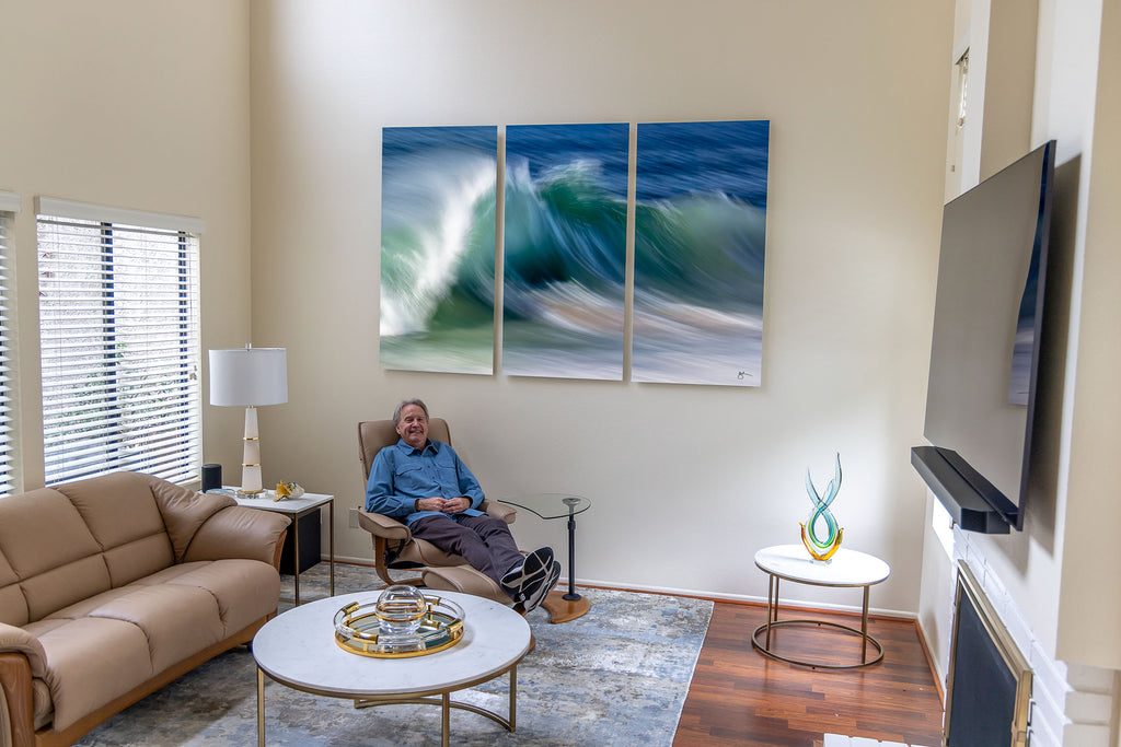 Breck Rothage with his creation - 7 ft Triptych Coastal Wave Fine Art on the wall in Irvine, CA