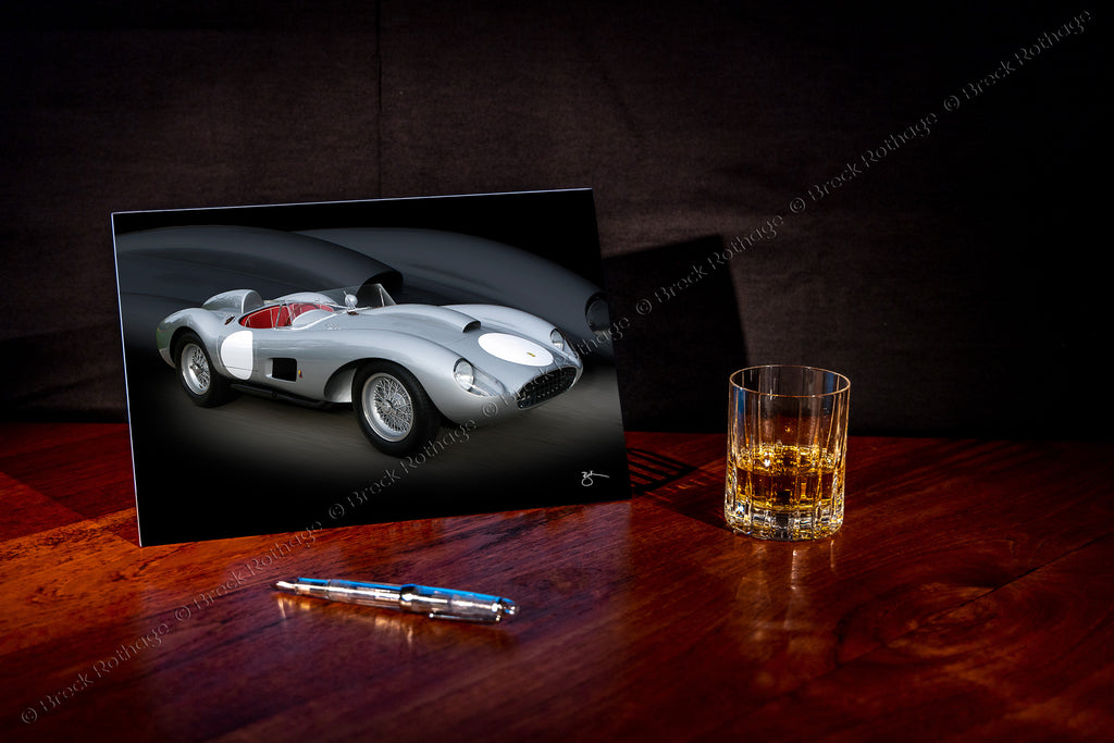 Original Silver Testa Rossa Tabletop Fine Art by Breck Rothage infused to high-grade, fine art metal canvas sizes 8 in. x 12 in., with a kickstand prop on the back for tabletop display.